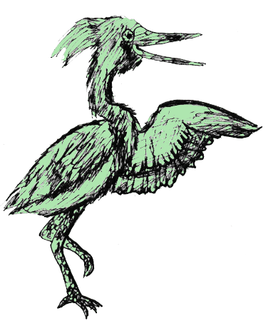 Pen art of a heron with light green coloring